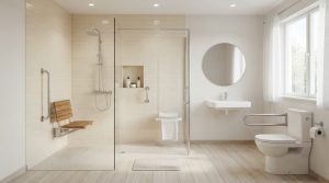 Salle de bain accessible senior, douche de plain-pied avec barre d'appui et siège, carrelage clair, lumineuse